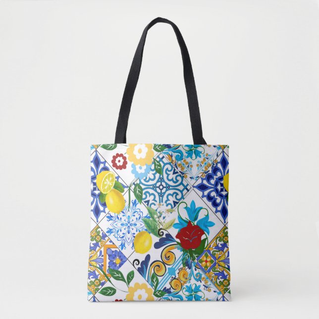 Tiles,mosaic,azulejo,quilt,Portuguese,majolica Tab Tote Bag (Front)