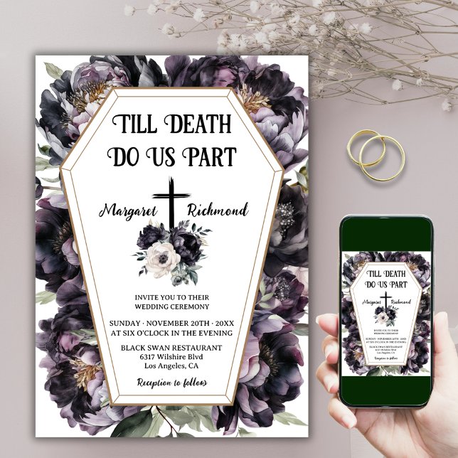 Till Death |  Black Peonies Coffin Gothic Wedding Invitation (Creator Uploaded)