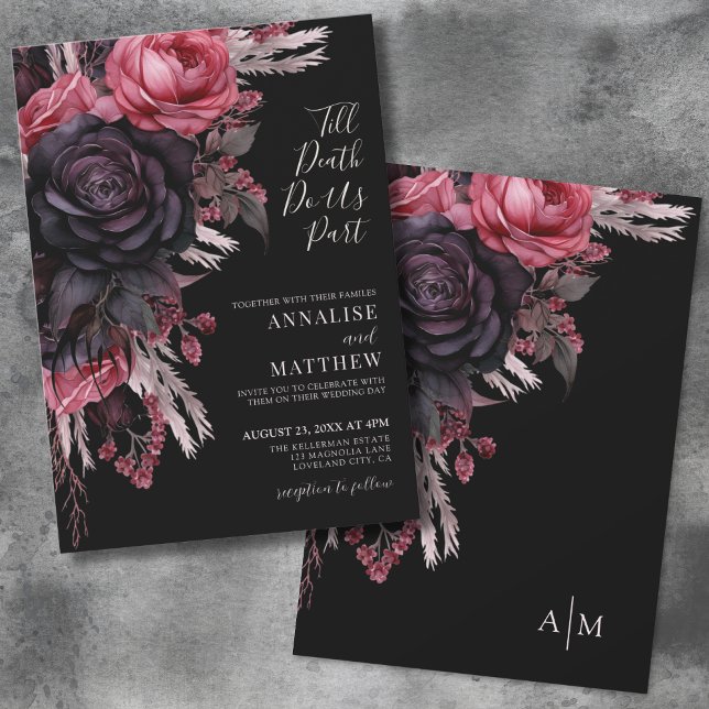 Till Death Do Us Part Gothic Black Floral Wedding Invitation (Elegant Gothic Floral Black Wedding Invitation)