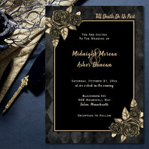 Till Death Do Us Part Gothic Rose Black Gold Invitation