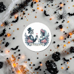 "Till Death Do Us Part" Gothic Wedding Classic Round Sticker<br><div class="desc">Seal your wedding invitations, thank-you notes, and stationery in darkly romantic style with this "Till Death Do Us Part" gothic wedding envelope sticker. Featuring a skeletal bride and groom, vintage florals, and a beautifully eerie banner, this sticker is the perfect finishing touch for alternative, Halloween, macabre, and gothic weddings. Easy...</div>