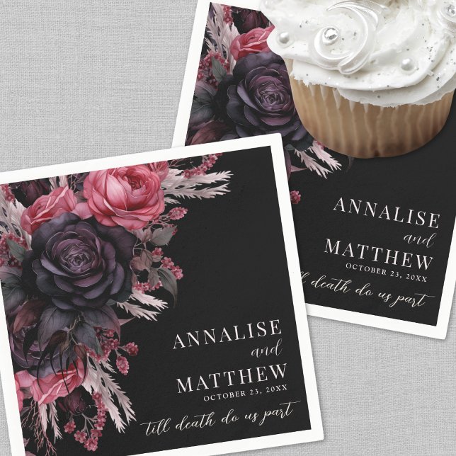 Till Death Do Us Part Gothic Wedding Napkin (Till Death Do Us Part Gothic Black Floral Wedding Napkins)