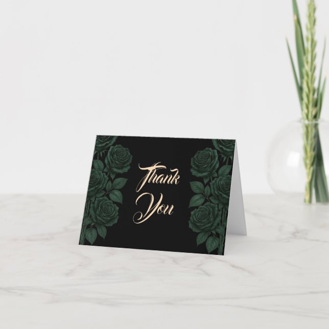 Till Death Do Us Part Green Rose Gothic Wedding Thank You Card (Front)
