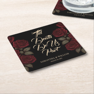 Till Death Do Us Part Red Rose Wedding Square Paper Coaster