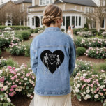 Till Death Do Us Part Skeleton & Black Heart Denim Jacket<br><div class="desc">This gothic inspired denim jacket is accented with skeletons holding hands,  and the romantic saying,  Till Death Do Us Part,  on a black heart,  making it perfect for the bride to be or newlywed.</div>