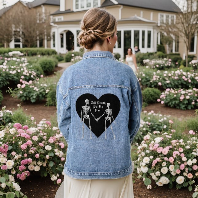 Till Death Do Us Part Skeleton & Black Heart Denim Jacket (Wedding Back)