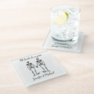 Till death do us part Skeleton Couple Name Black Glass Coaster