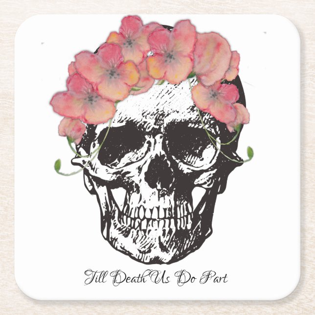 Till Death Do Us Part Skull Wedding Square Paper Coaster (Front)