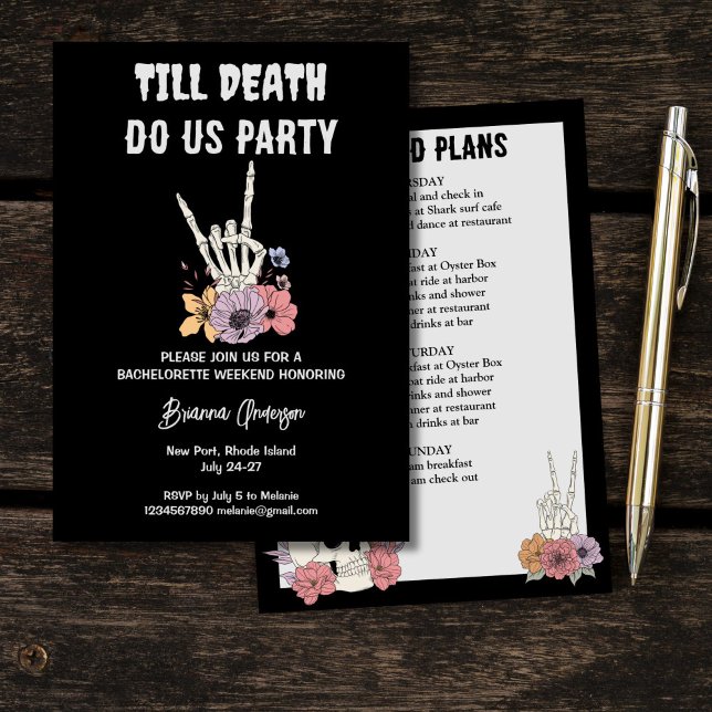 Till death do us party bachelorette weekend invitation (Till death do us party bachelorette weekend itinerary black gothic skeleton invitation template)