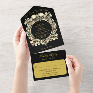 Till Death Gothic Black And Gold Monogram Wedding All In One Invitation