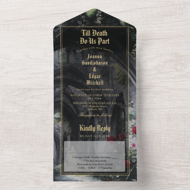 Till Death Gothic Ruins Roses Floral Wedding All In One Invitation (Inside)
