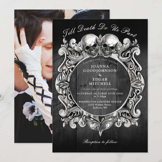 Till Death Gothic Skulls Black Wood Photo Wedding Invitation (Front/Back)