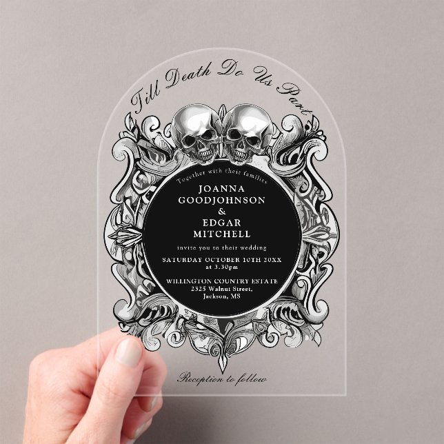 Till Death Gothic Skulls Monogram Arched Wedding Acrylic Invitations (Insitu (Handheld))