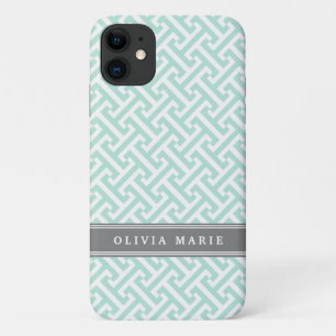 Tilted Mint Green Greek Key Pattern with Name Case-Mate iPhone Case