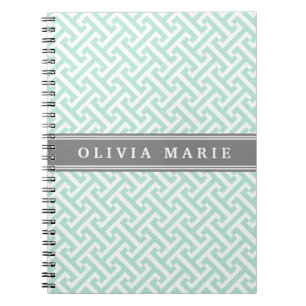 Tilted Mint Green Greek Key Pattern with Name Spiral Notebook