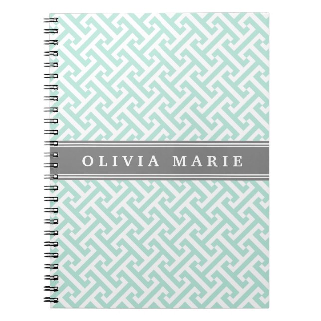 Tilted Mint Green Greek Key Pattern with Name Spiral Notebook (Front)