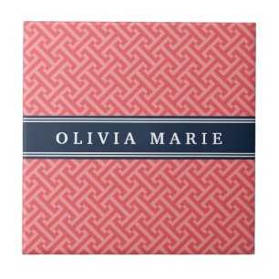 Tilted Watermelon Pink Greek Key Pattern with Name Tile