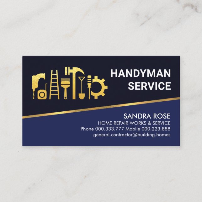 Tilting Gold Line Blue Shades Handyman Business Card (Front)