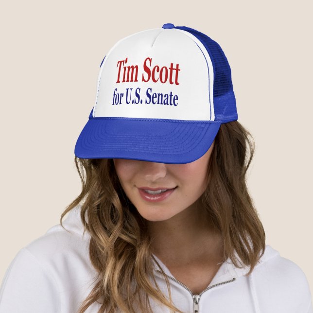 Tim Scott for Senate with red blue text Trucker Ha Hat (In Situ)