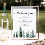 Timber Grove Wedding Bar Menu Sign<br><div class="desc">Invite guests to grab a favourite libation from the bar with our charming rustic wedding bar menu sign. 11x14 poster features a bottom border of watercolor pine trees in rich shades of hunter and forest green, with "the bar is open" in off-black calligraphy script and block lettering. Personalise with your...</div>