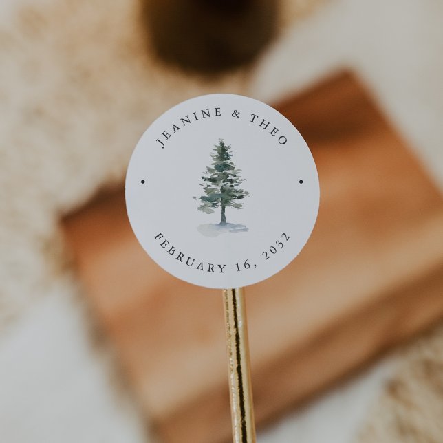 Timber Grove | Winter Pine Tree Wedding Classic Round Sticker (Creator Uploaded)