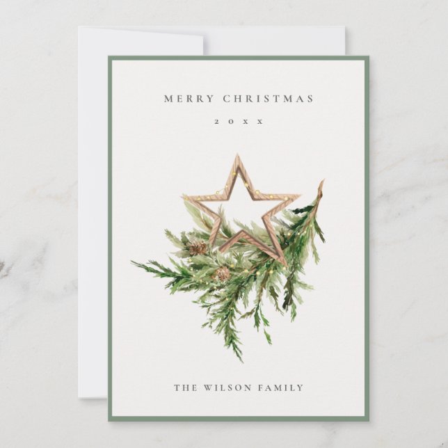 Timber Star Ornament Pine Branch Merry Christmas Holiday Card (Front)