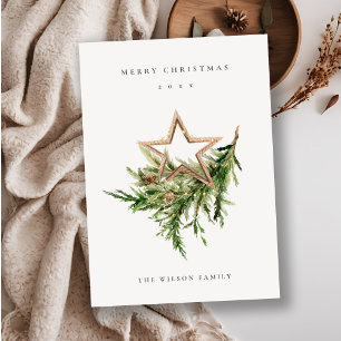 Timber Star Ornament Pine Branch Merry Christmas Holiday Card