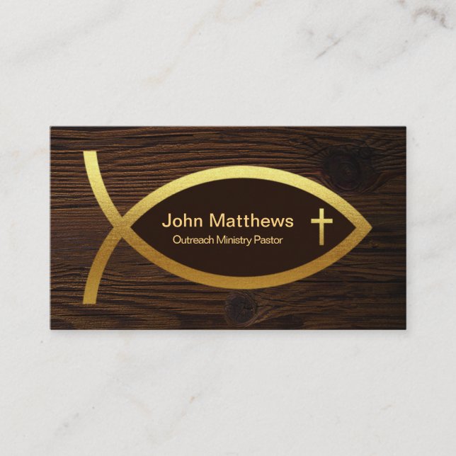 Timber Wood Cross Creative Gold Ichthus Ministry Business Card (Front)