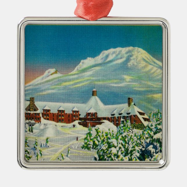 Timberline Lodge in Winter at Mt. Hood Metal Tree Decoration (Front)