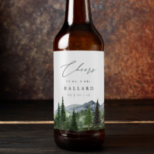 Timberline Mountain Forest Watercolor Wedding Beer Bottle Label