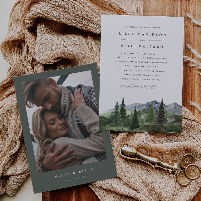 Timberline | Photo Back Forest & Mountain Wedding Invitation (Creator Uploaded)