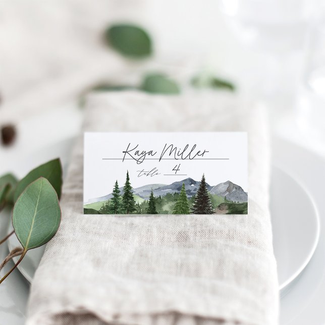 Timberline | Watercolor Forest & Mountain Wedding Place Card (Creator Uploaded)