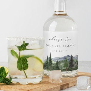 Timberline Watercolor Mountain Forest Wedding Liquor Bottle Label