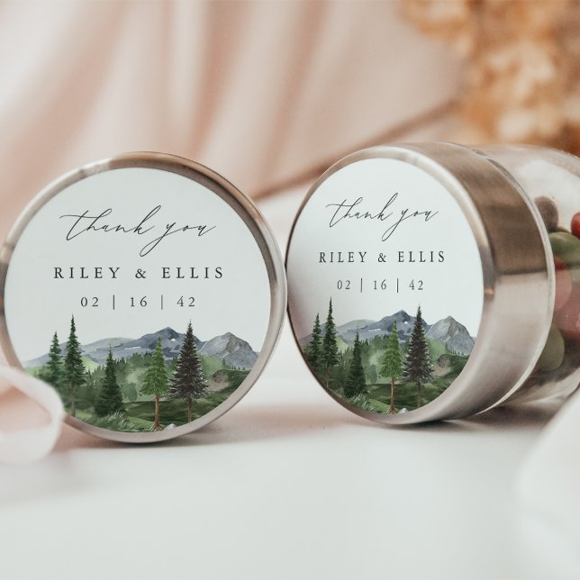 Timberline | Watercolor Mountain Wedding Thank You Classic Round Sticker (Creator Uploaded)
