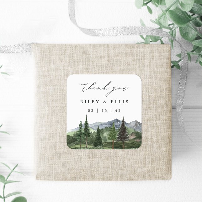 Timberline | Watercolor Mountain Wedding Thank You Square Sticker (Creator Uploaded)