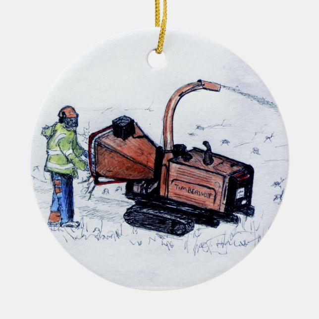 Timberwolf wood chipper ceramic tree decoration (Front)