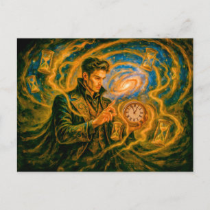 Time-bending mage in enchanted oil painting holiday postcard