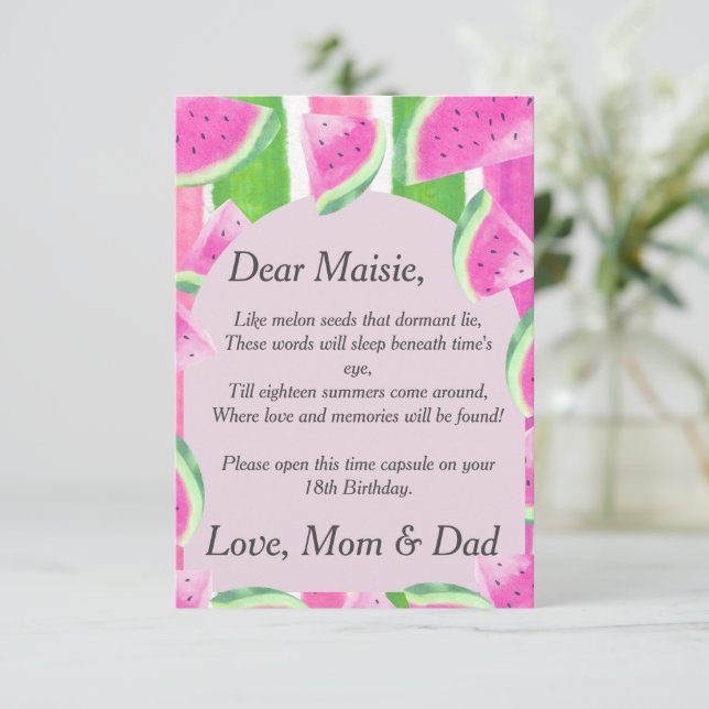 Time Capsule Poem  Pink Watermelon  Letter note  Invitation (Standing Front)