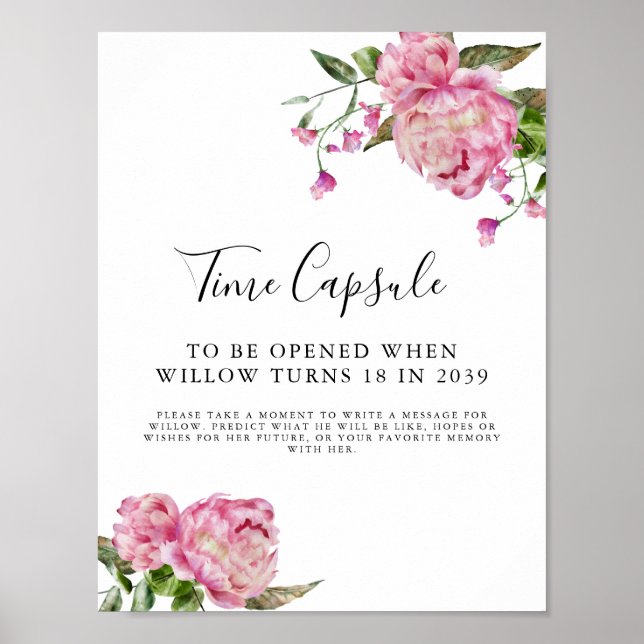 Time Capsule Sign | Pink Floral Birthday Party (Front)