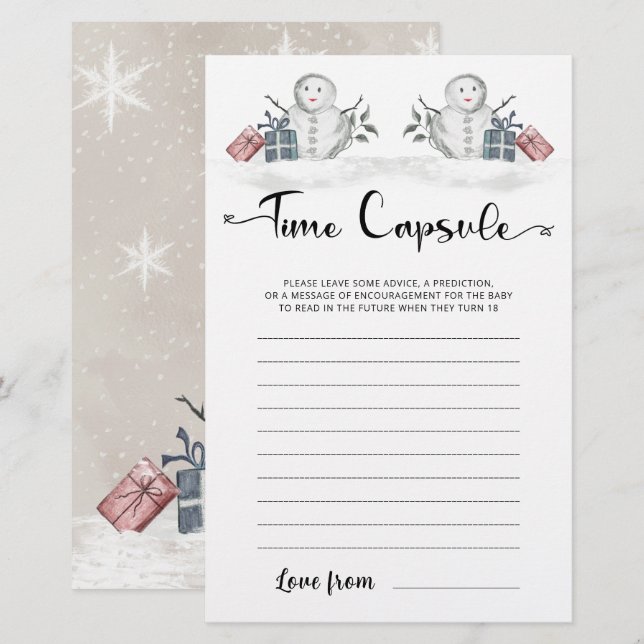 Time Capsule Snowman Baby Shower Game (Front/Back)
