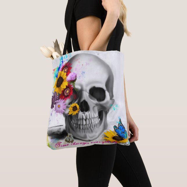 Time Changes Everything Floral butterfly skull Tote Bag (Close Up)