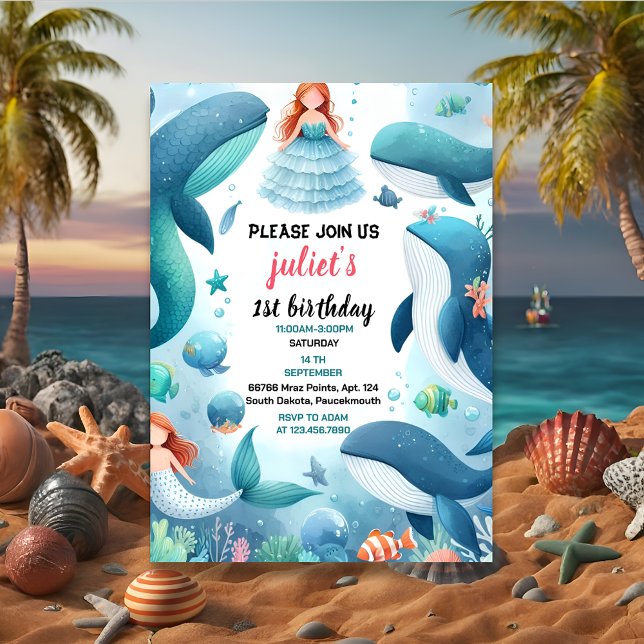 time cool fish sea blue whale shark 1st Birthday Invitation (Creator Uploaded)