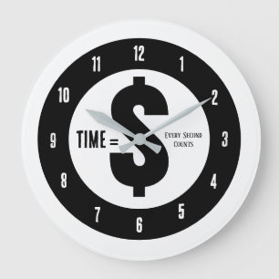 Time = $ Every Second Counts Black and White Large Clock