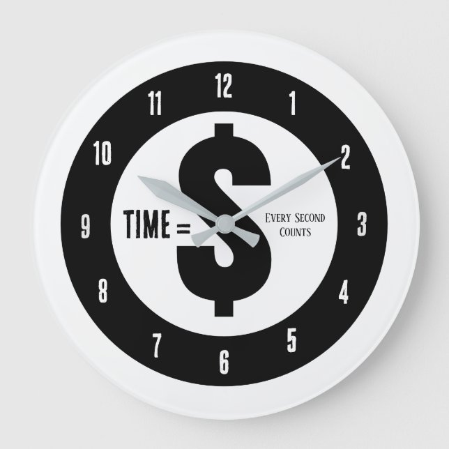 Time = $ Every Second Counts Black and White Large Clock (Front)