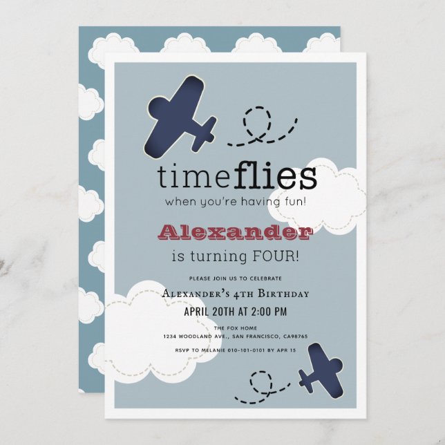 Time Flies Aeroplane Blue Boy Birthday Invitation (Front/Back)
