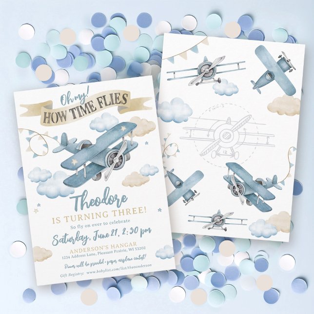 Time Flies Aeroplane Cool Blue Boy Birthday Party Invitation (Cute watercolor airplane aviation clouds sky theme Time Flies boy 3rd birthday party invitation)
