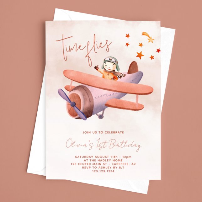 Time Flies Aeroplane Girl 1st Birthday Invitation (Creator Uploaded)