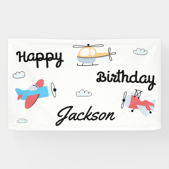 Time flies Aeroplane Helicopter Happy Birthday Banner (Horizontal)