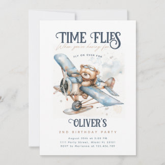 Time Flies Aeroplane Teddy Bear Vintage Birthday Invitation