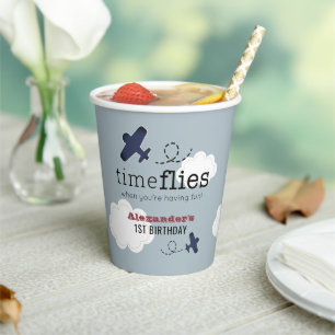 Time Flies Airplane Blue Boy Birthday Paper Cups